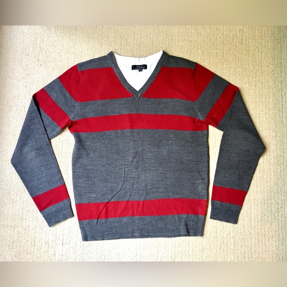 INC International Company Striped Knit Sweater With Double Collar
